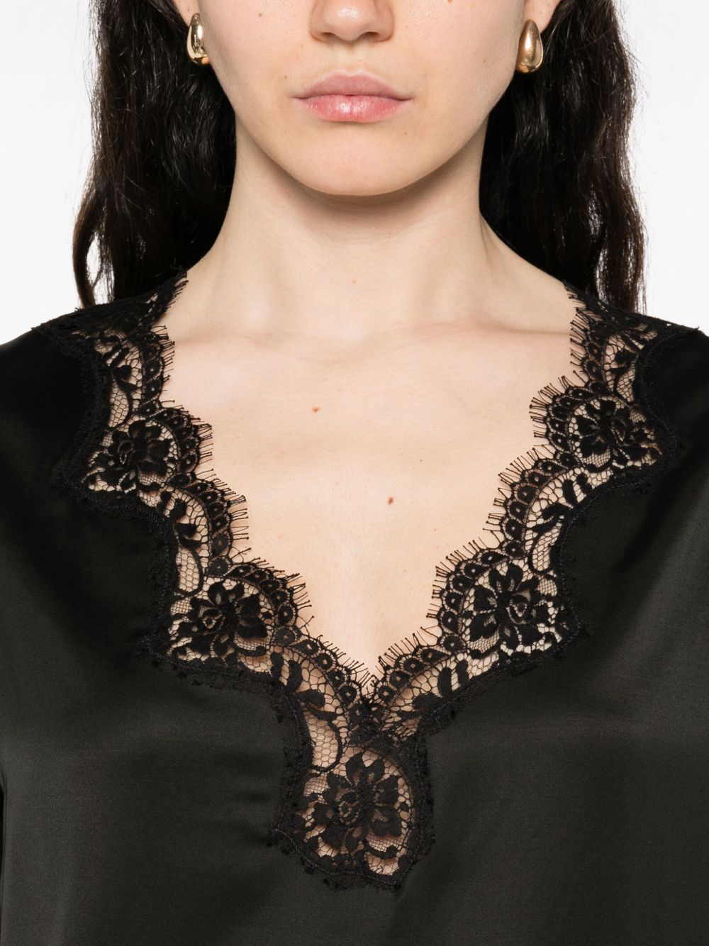 ERMANNO Embroidered V-Neck T-Shirt with Lace Insert