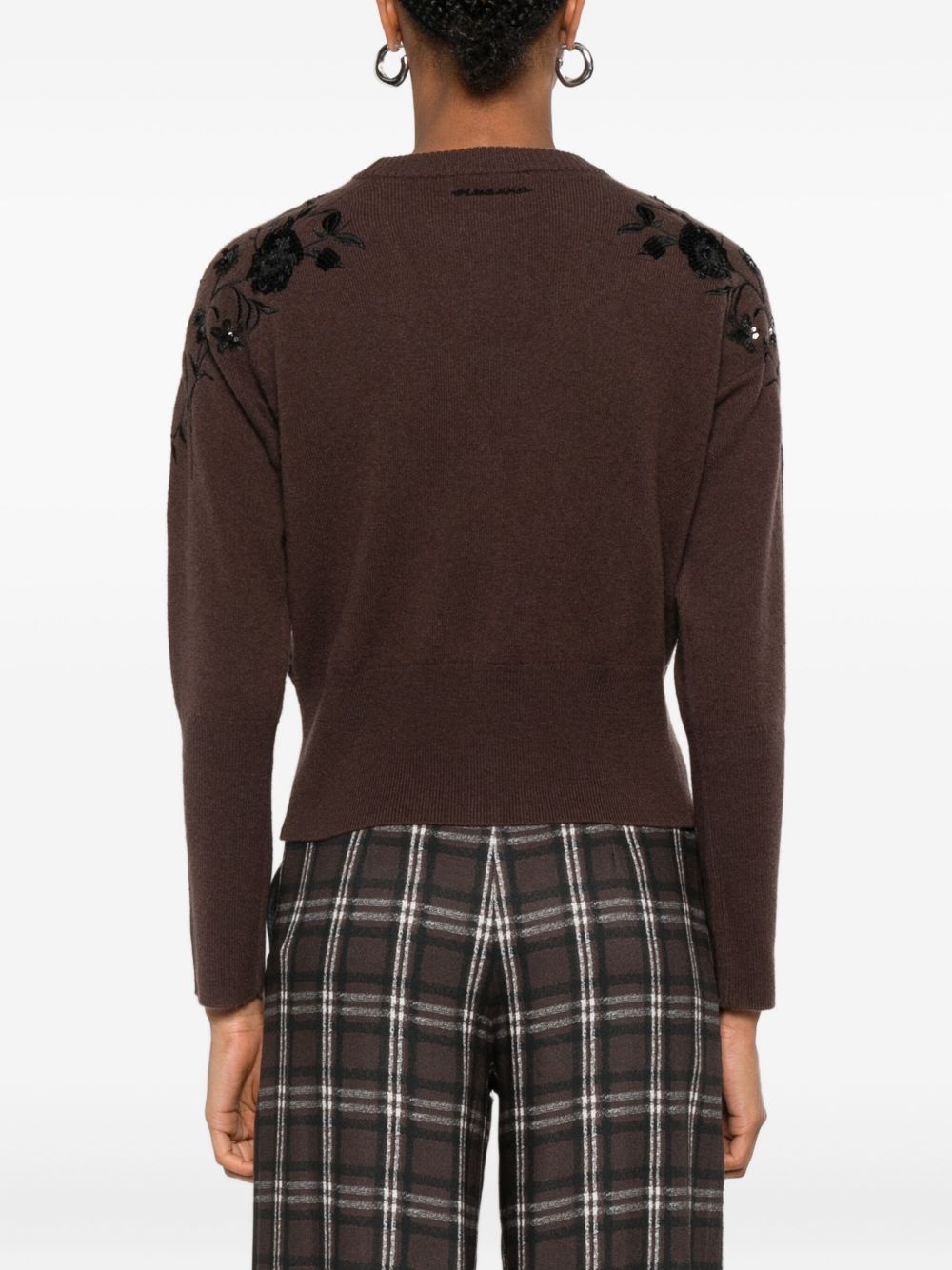 ERMANNO Wool Knit V-Neck Sweater with Floral Sequin Embellishment