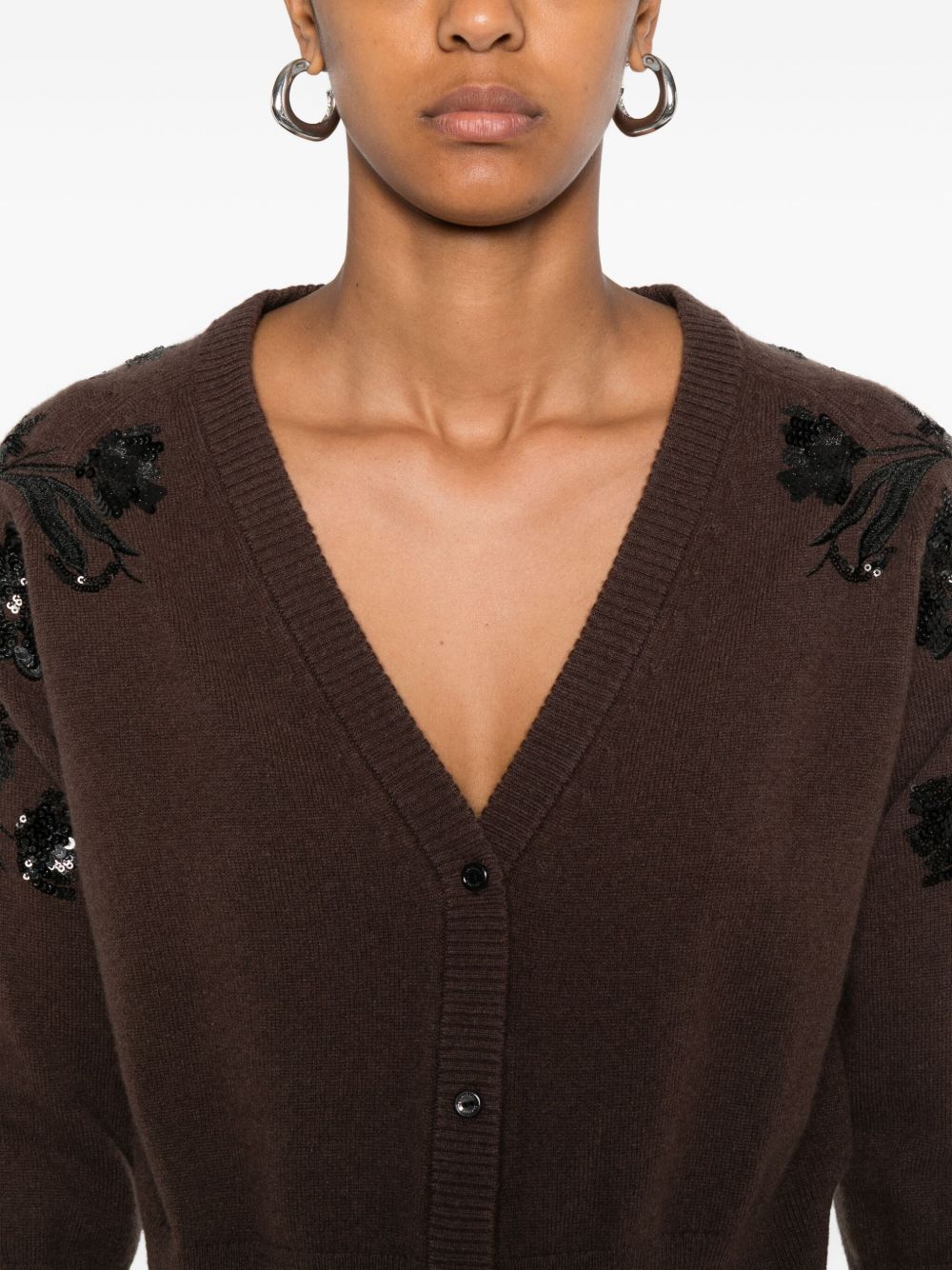 ERMANNO Wool Knit V-Neck Sweater with Floral Sequin Embellishment
