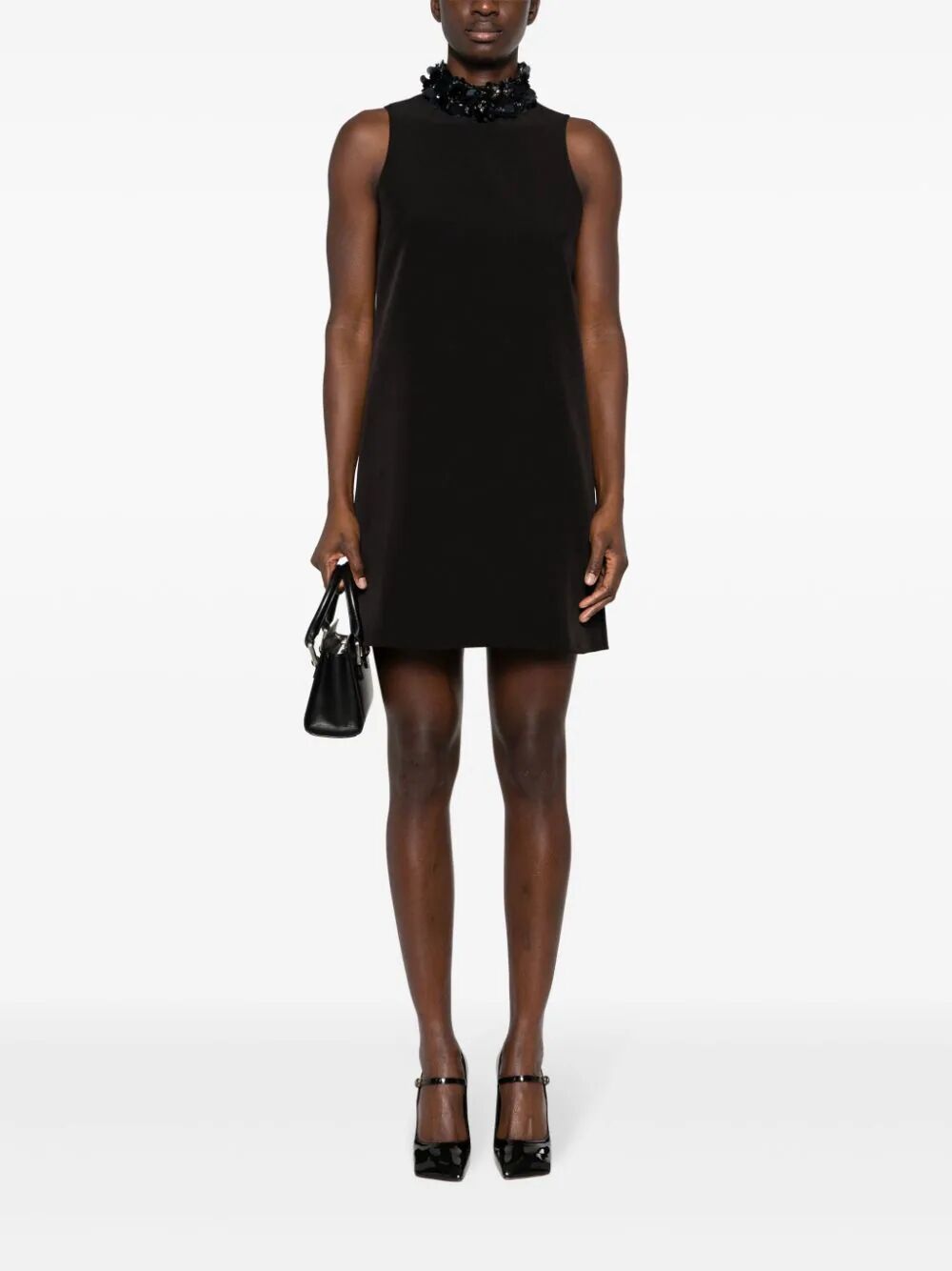 PAROSH Sleeveless High Neck Mini Dress with Paillettes