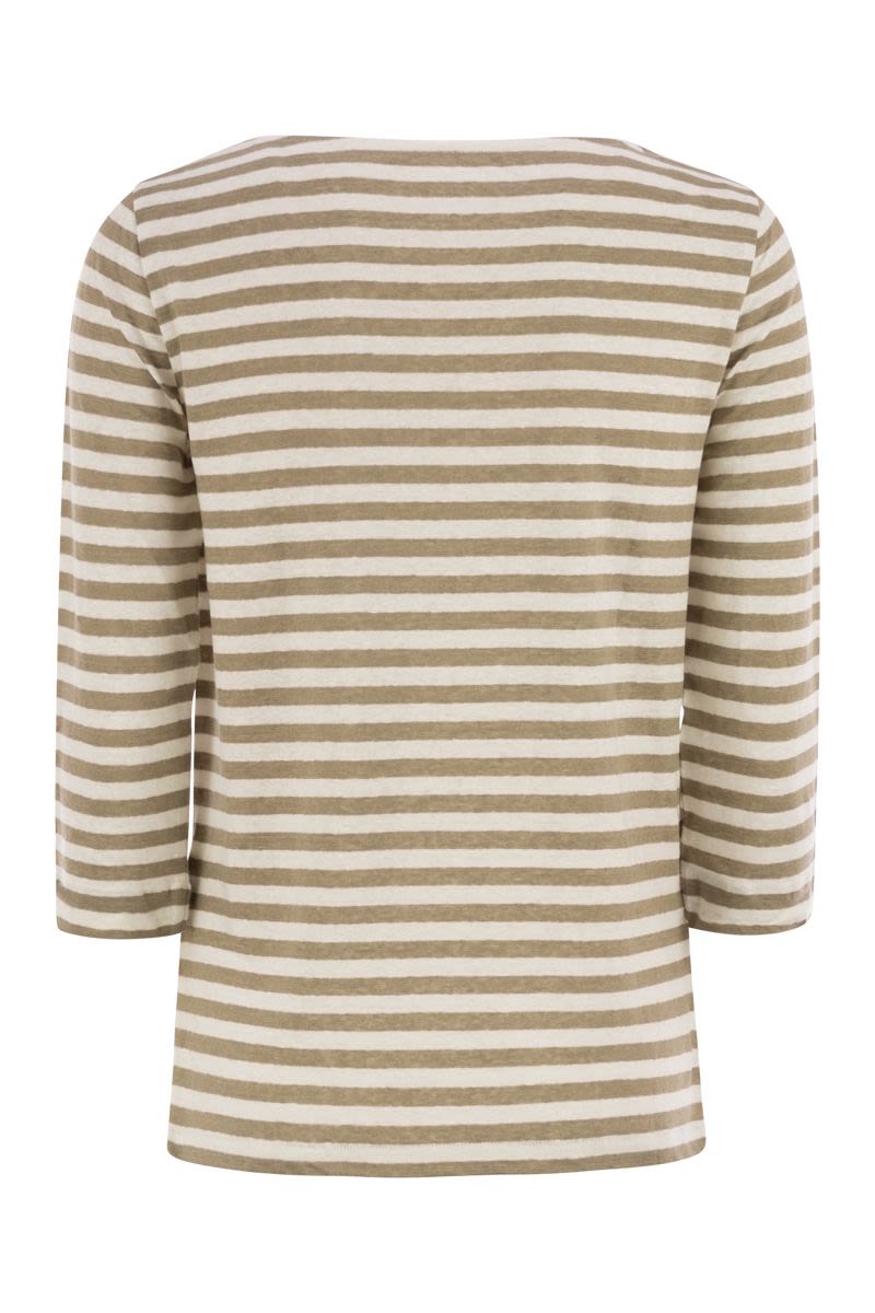 MAJESTIC Women's Striped Linen Boat Neck T-Shirt - 3/4 Sleeves