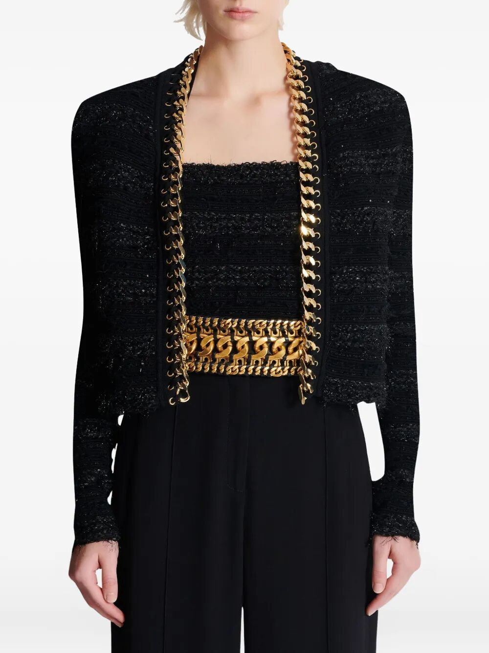 BALMAIN Chains Detail Side to Side Tweed Jacket