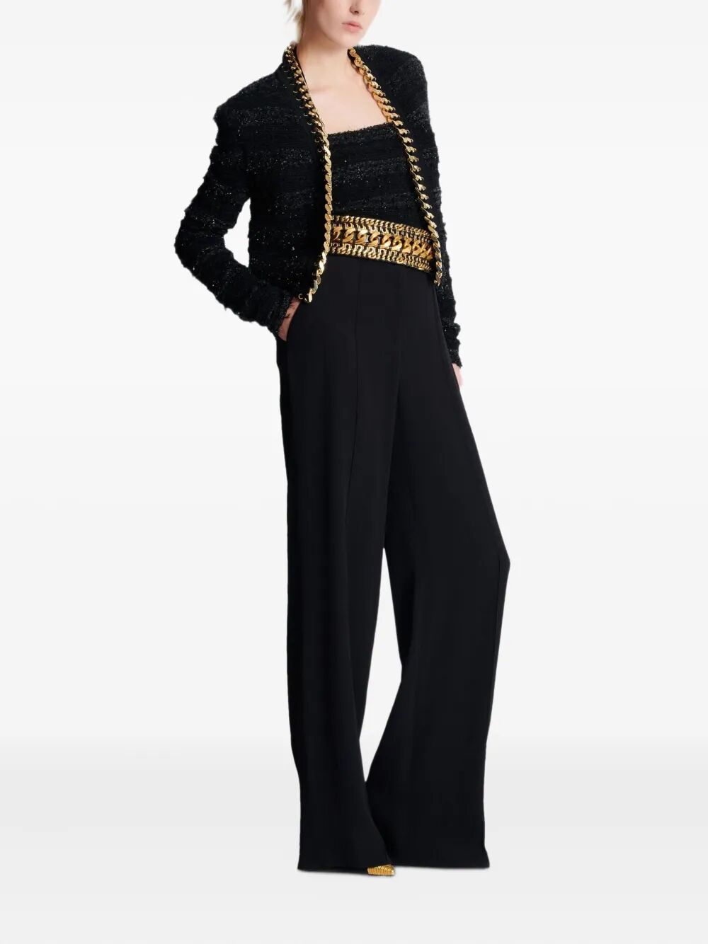 BALMAIN Chains Detail Side to Side Tweed Jacket