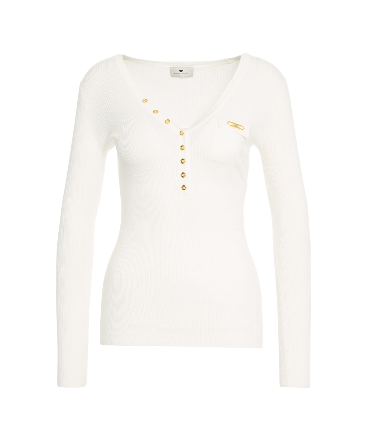 ELISABETTA FRANCHI Fitted Ribbed Knit Sweater with Gold Accents