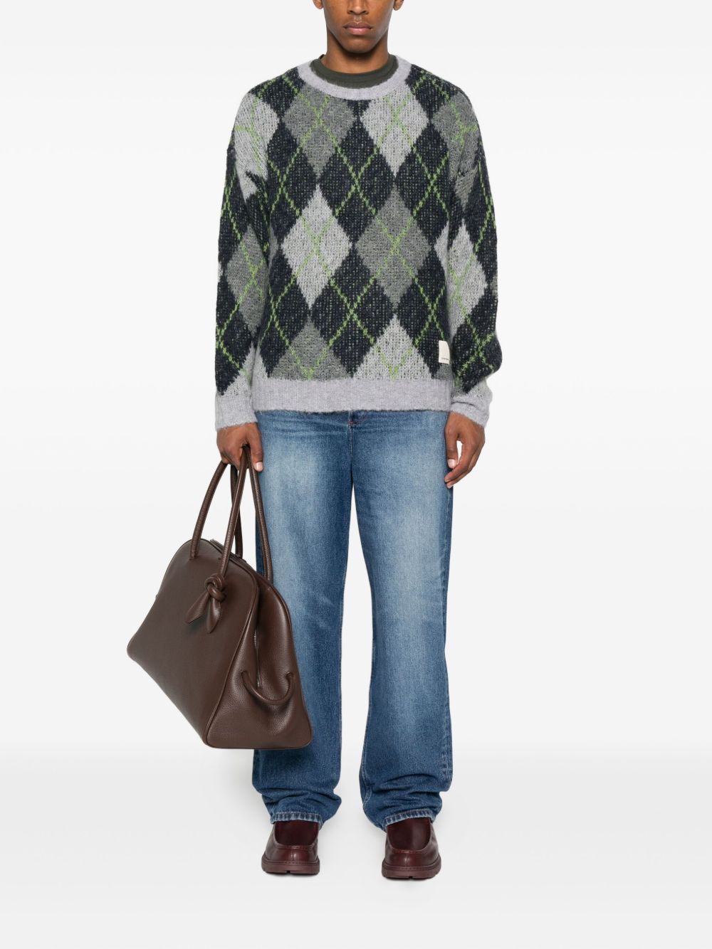 EMPORIO ARMANI Oversized Recycled Wool Argyle Sweater - Size L