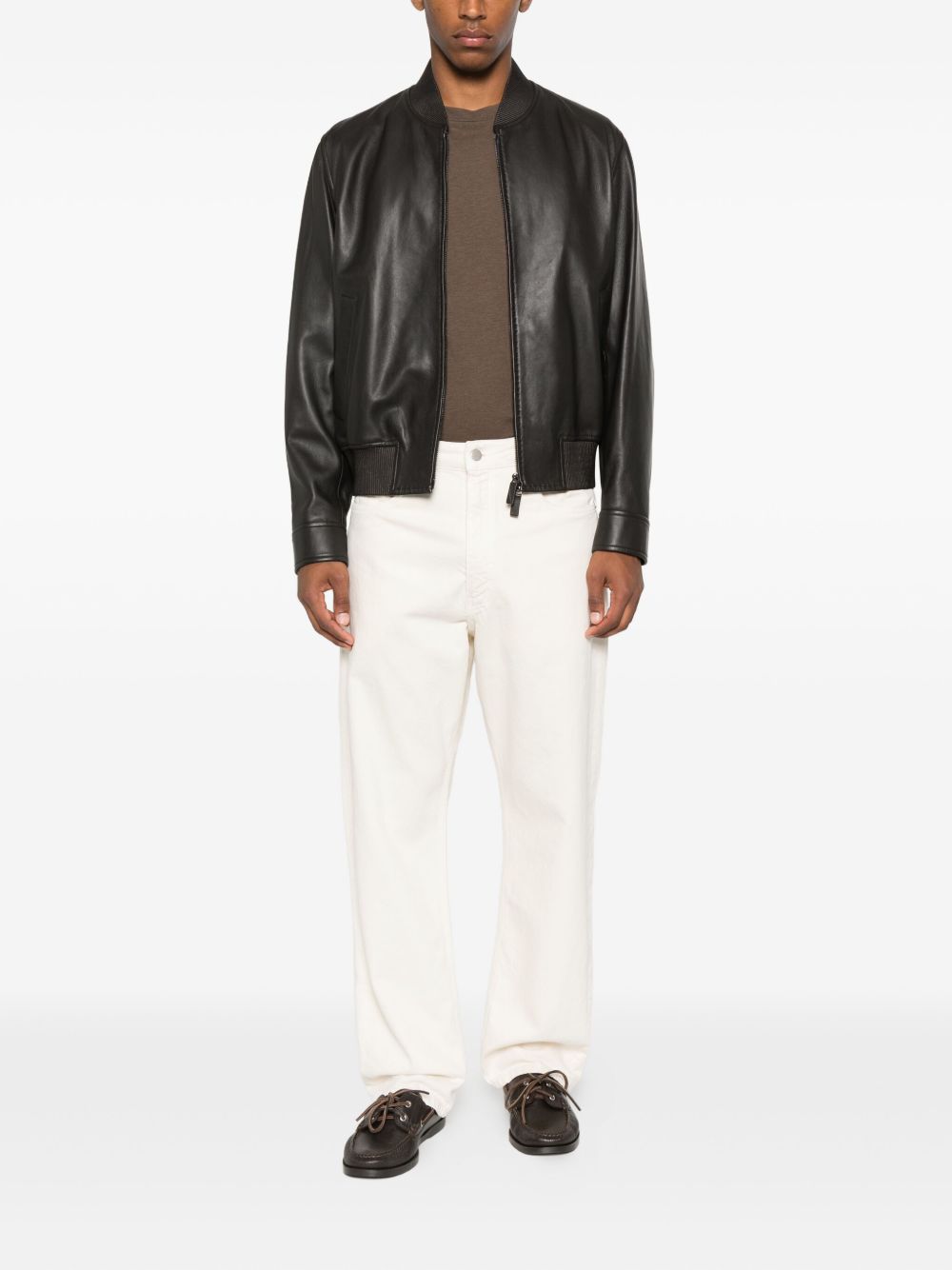 EMPORIO ARMANI Men's Leather Jacket with Zip Front and Ribbed Cuffs