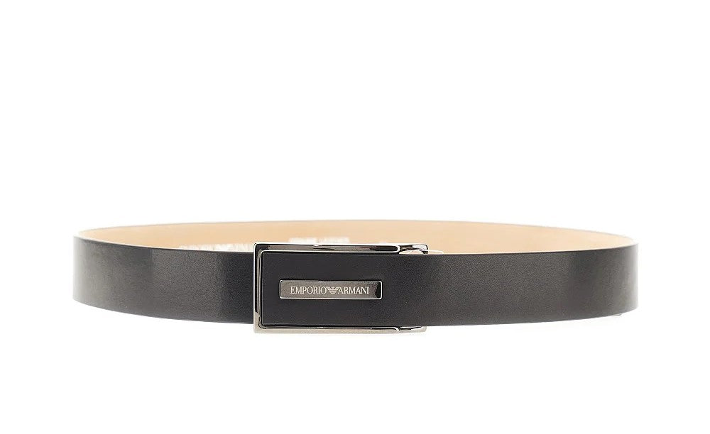 EMPORIO ARMANI Classic Leather Belt with Logo Plaque - 3.2 cm Width