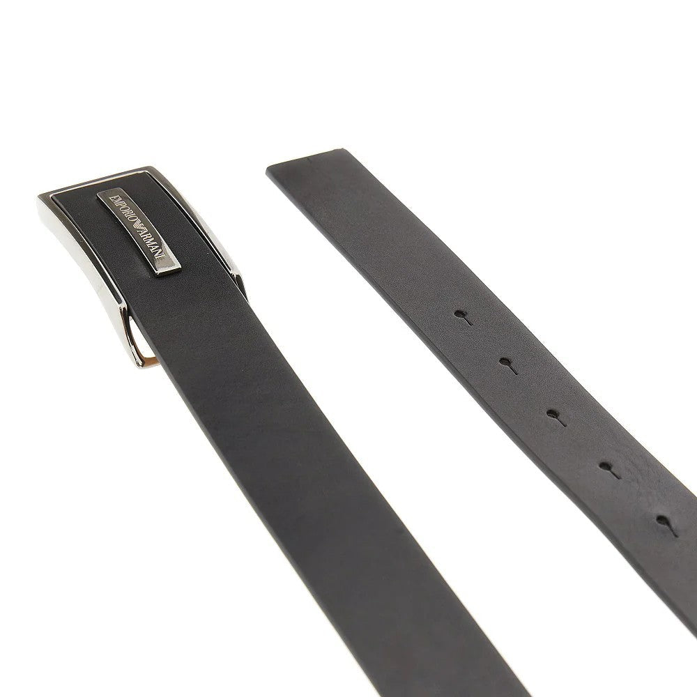 EMPORIO ARMANI Classic Leather Belt with Logo Plaque - 3.2 cm Width