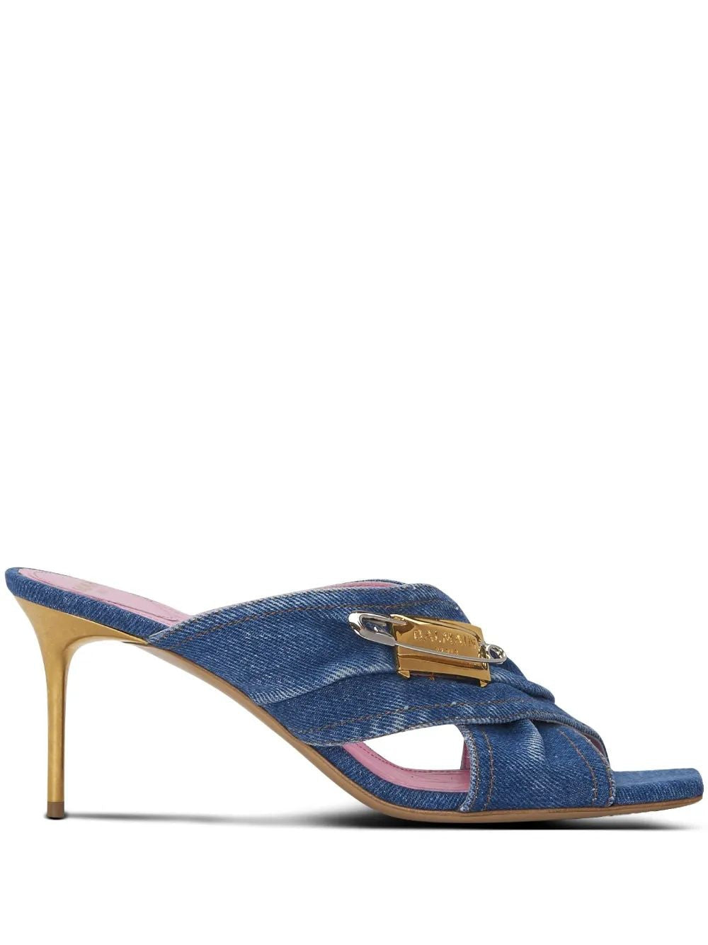 BALMAIN Mini Flat Safety Pin Denim Sandals for Women