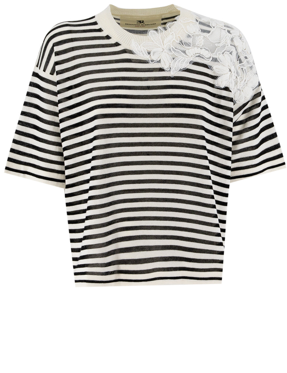 ERMANNO SCERVINO Chic Striped T-Shirt with Floral Lace Details
