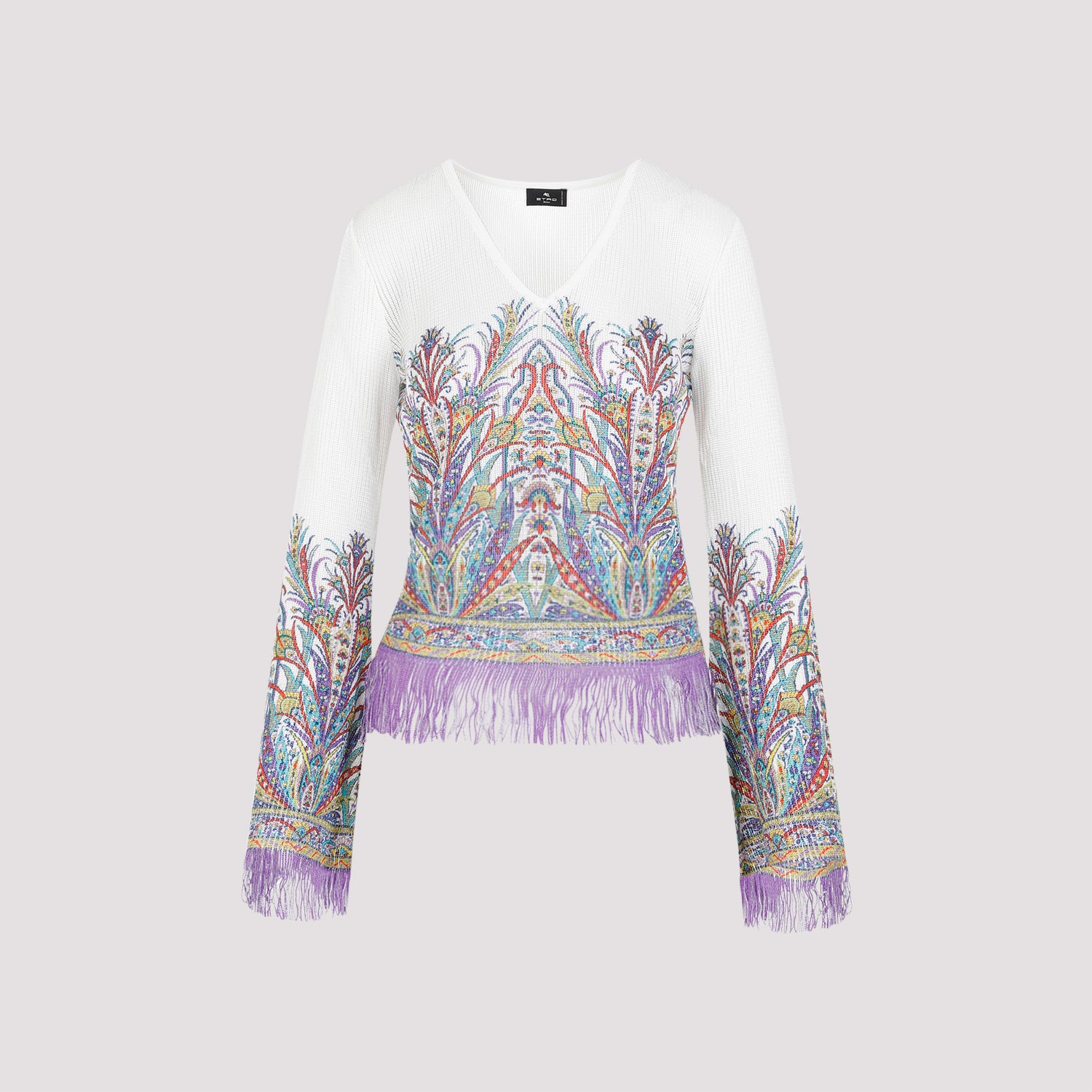 ETRO V-Neck Long Sleeve Top with Multicolor Print and Fringes