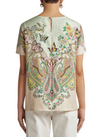 ETRO Floral Print Silk-Blend T-Shirt with Button Closure - Women’s