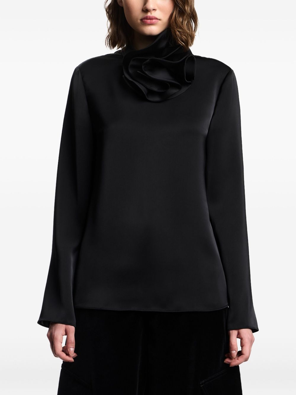 EMPORIO ARMANI Satin Ruffled Neckline High Neck Top