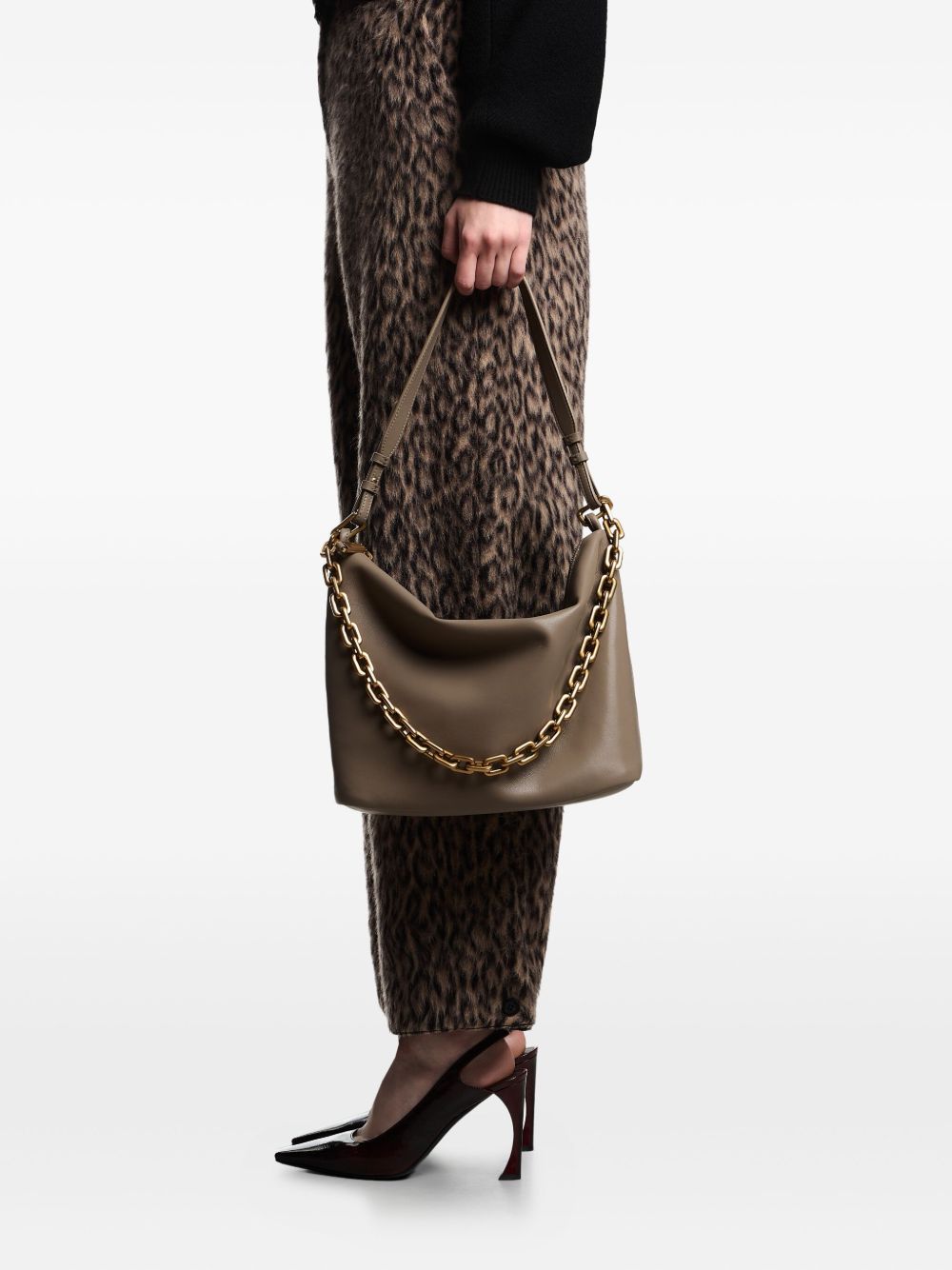 EMPORIO ARMANI Medium Leather Hobo Handbag with Gold-Tone Chain