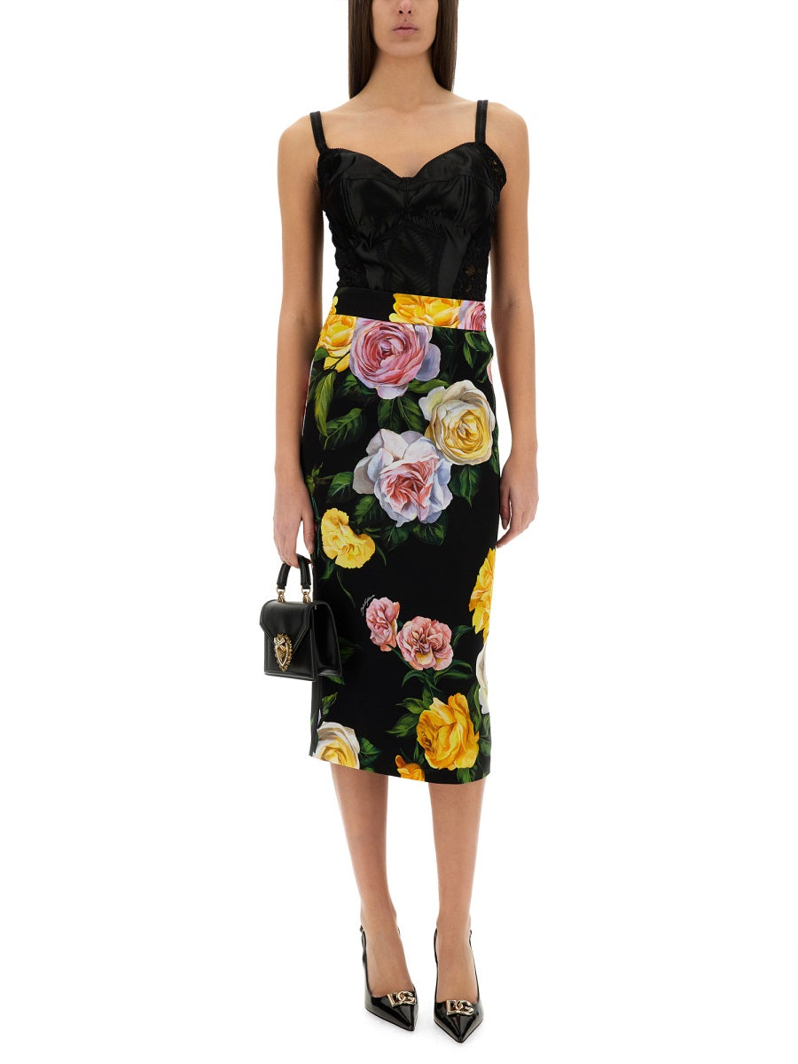 DOLCE & GABBANA Peony and Rose Print Charmeuse Long Skirt (Size 40 IT)