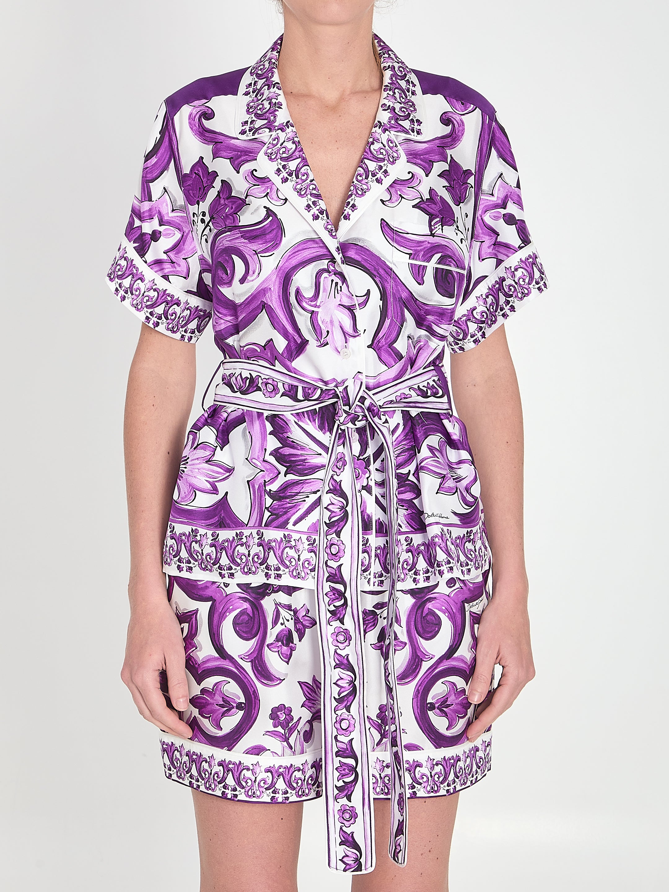 DOLCE & GABBANA Short Sleeve Silk Twill Shirt with Maiolica Print - Size IT 42