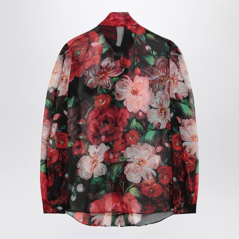 DOLCE & GABBANA Chiffon Floral Print Shirt with Bow