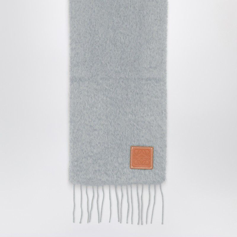 LOEWE Mohair Blend Scarf with Decorative Fringes and Leather Patch