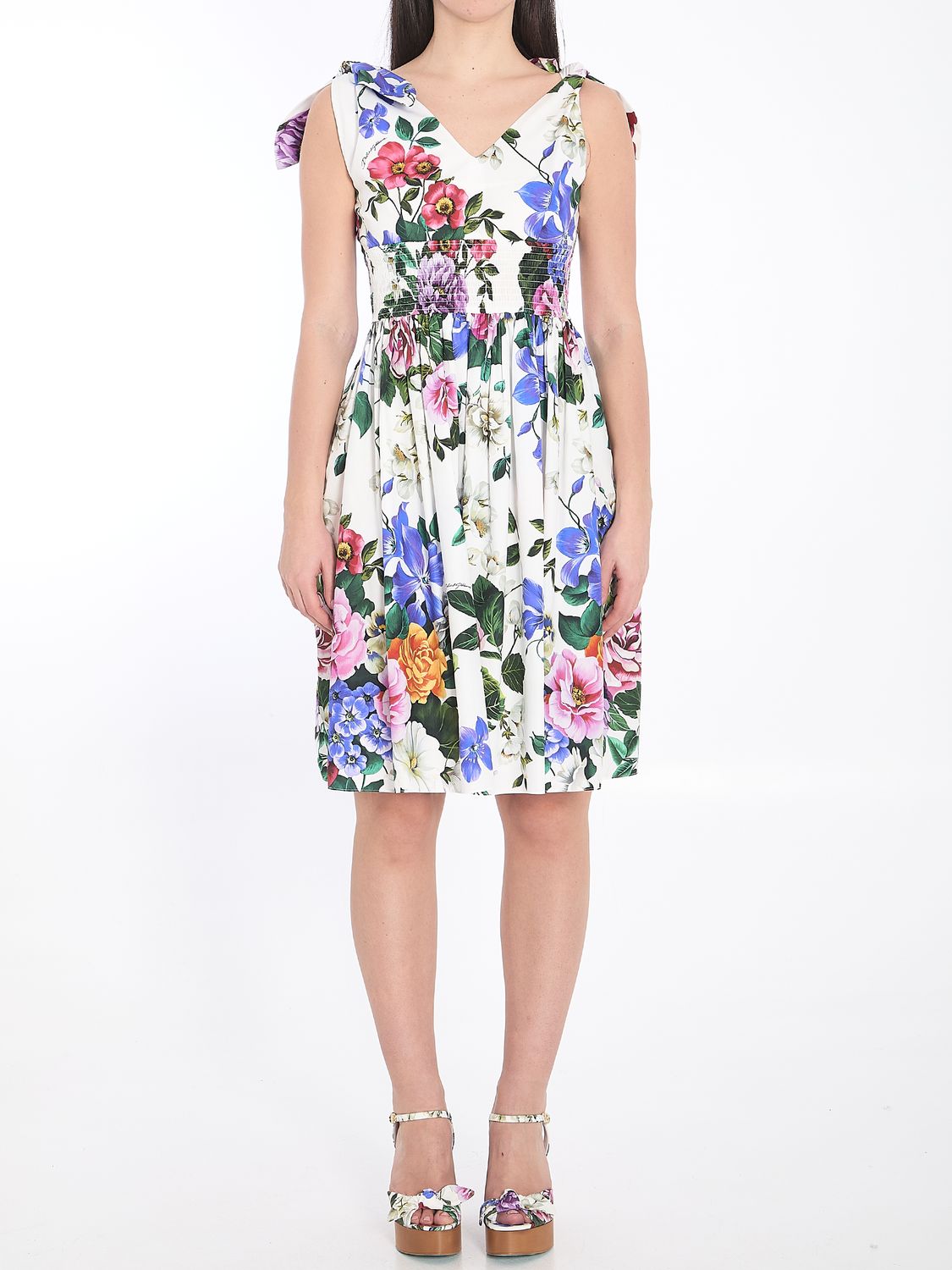 DOLCE & GABBANA Floral Midi Dress with Decorative Knots and V-Neck