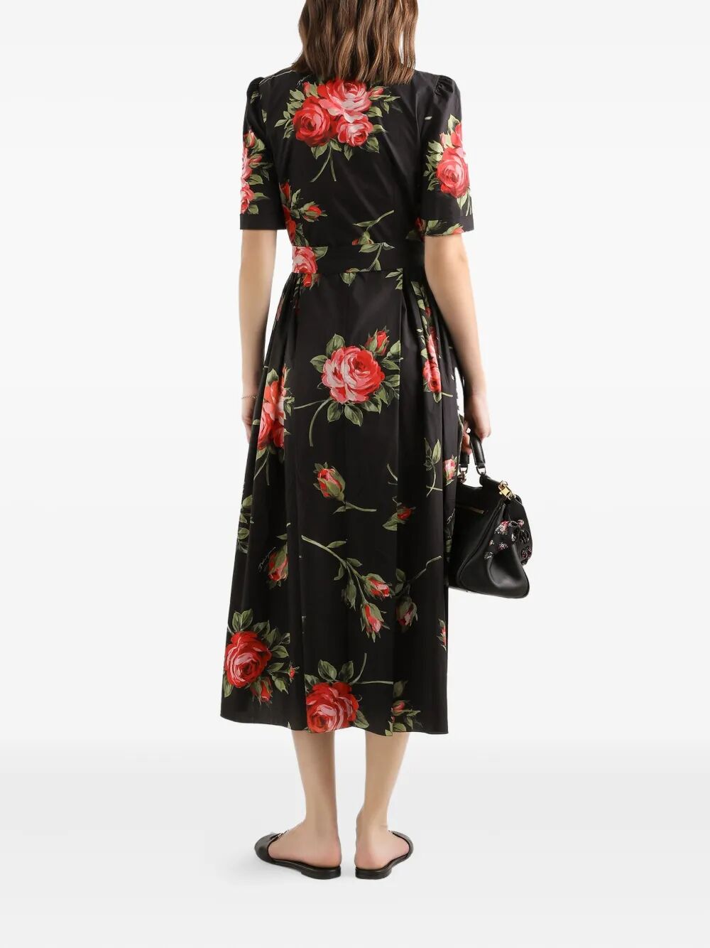 DOLCE & GABBANA Rose Bouquet-Print Poplin Mini Shirt Dress