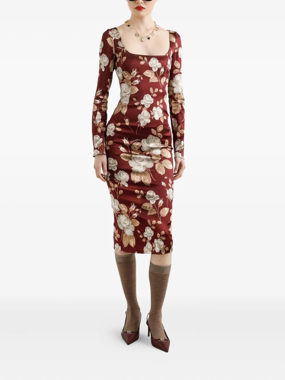 DOLCE & GABBANA Rose Print Midi Dress with Square Neckline
