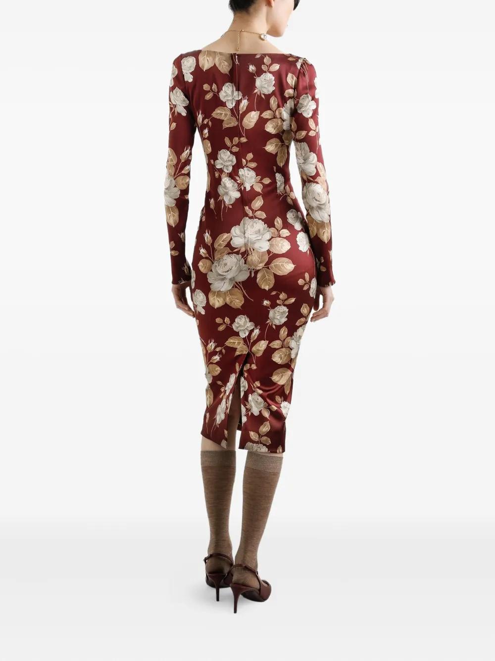 DOLCE & GABBANA Rose Print Midi Dress with Square Neckline