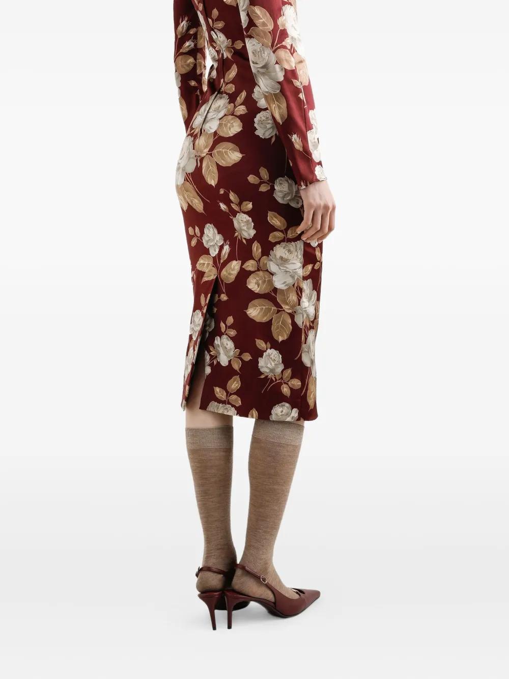 DOLCE & GABBANA Rose Print Midi Dress with Square Neckline