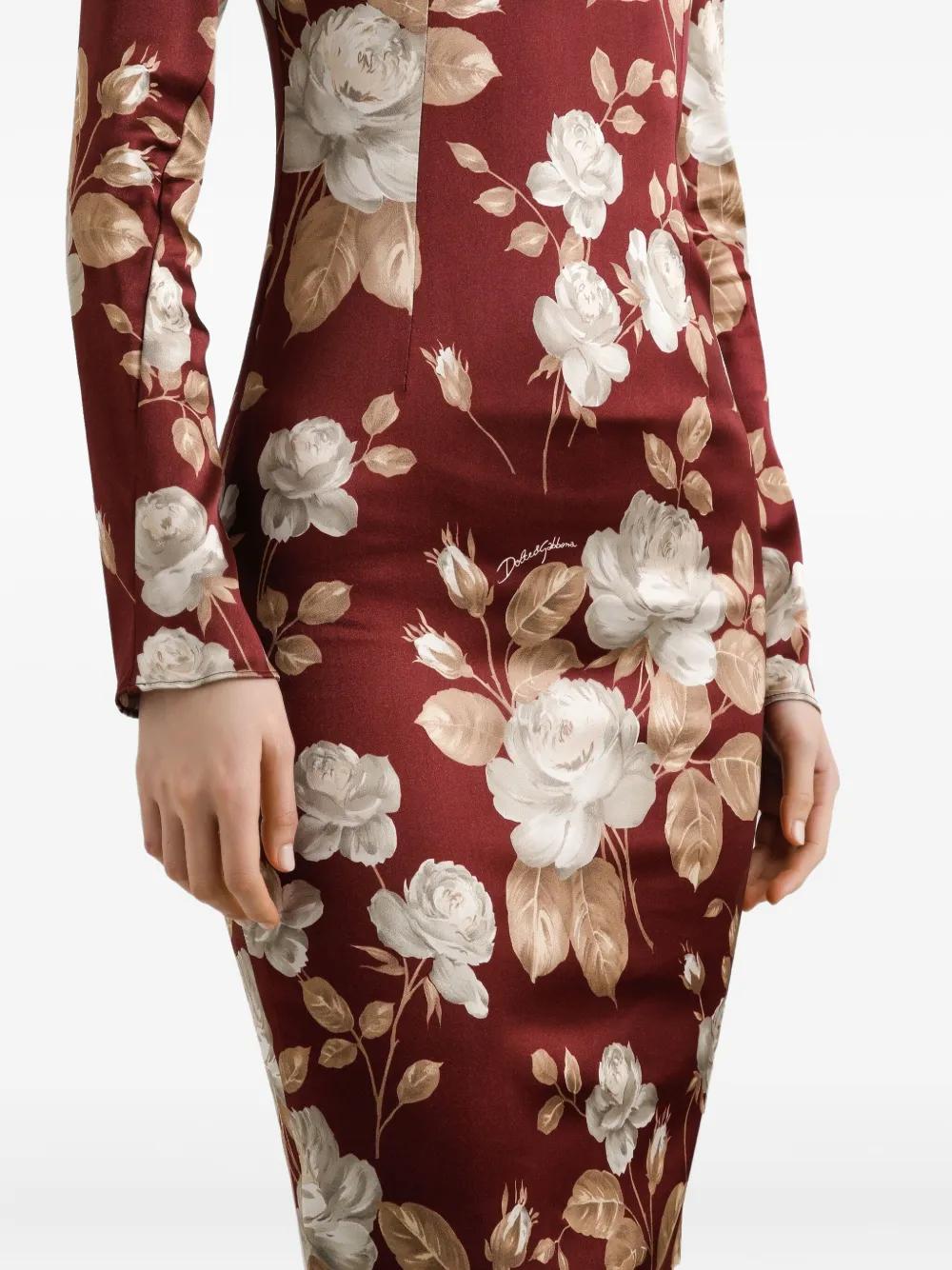 DOLCE & GABBANA Rose Print Midi Dress with Square Neckline