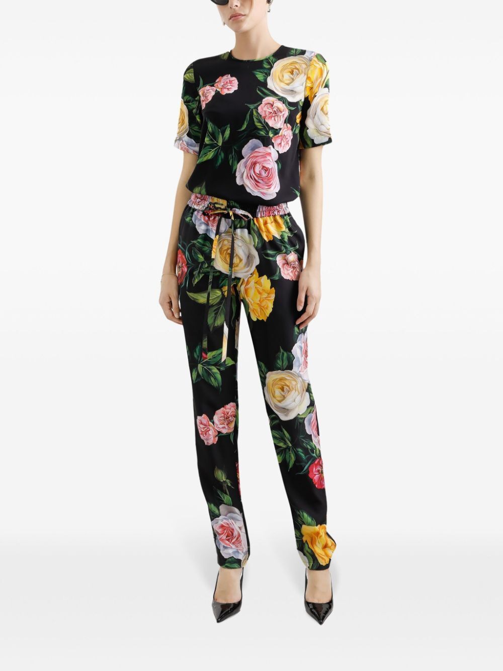 DOLCE & GABBANA Peony and Rose Print Silk Charmeuse Blouse