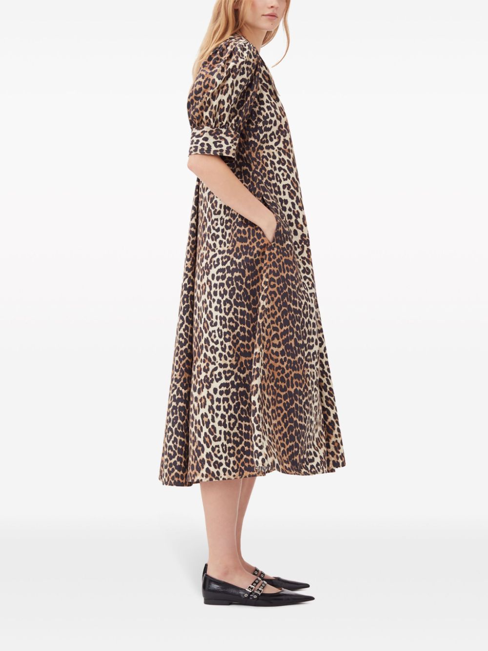 GANNI Organic Cotton Maxi Dress with Leopard Print - Women's FW25