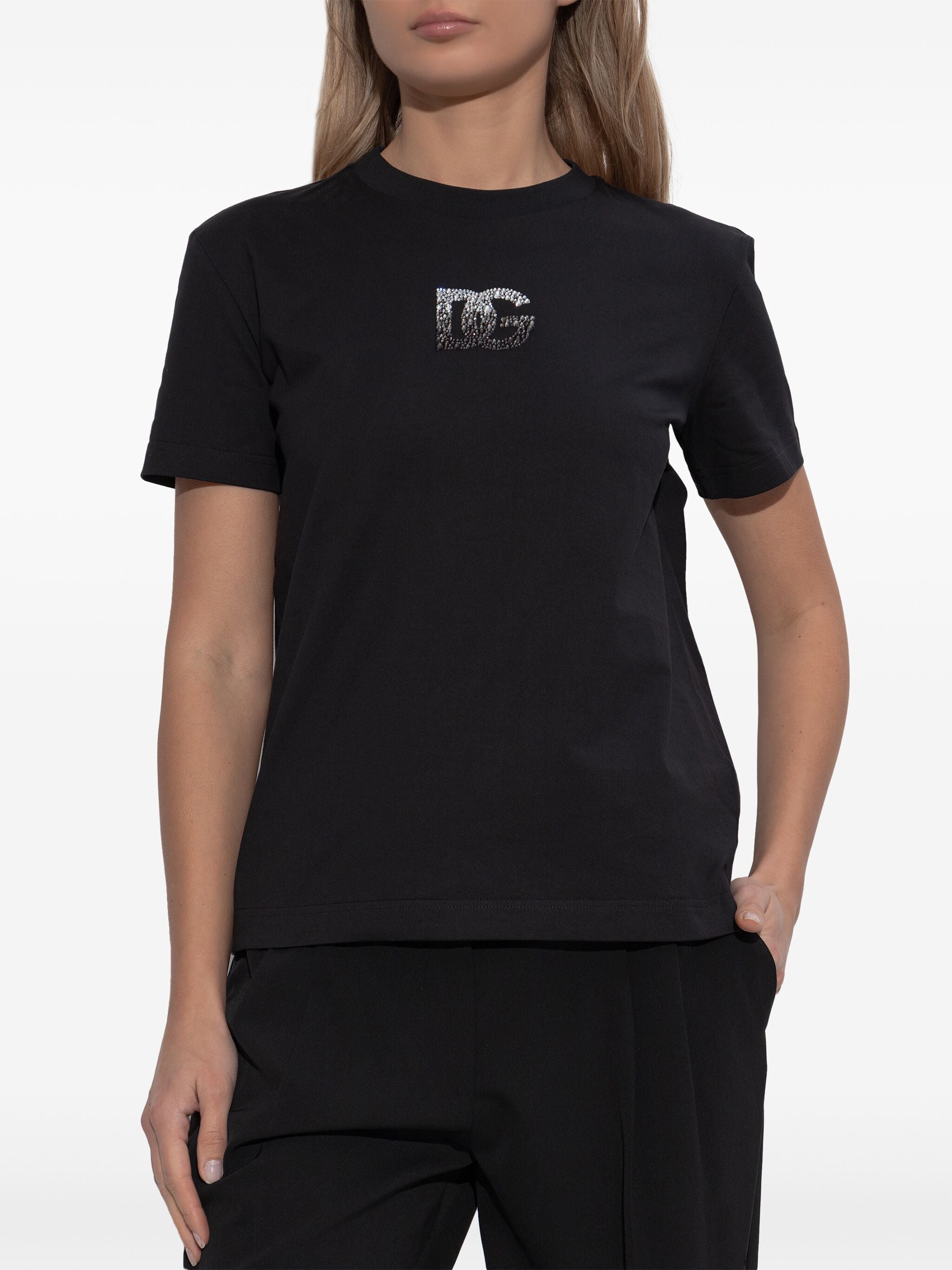 DOLCE & GABBANA Cotton T-Shirt with Strass Logo Embellishment