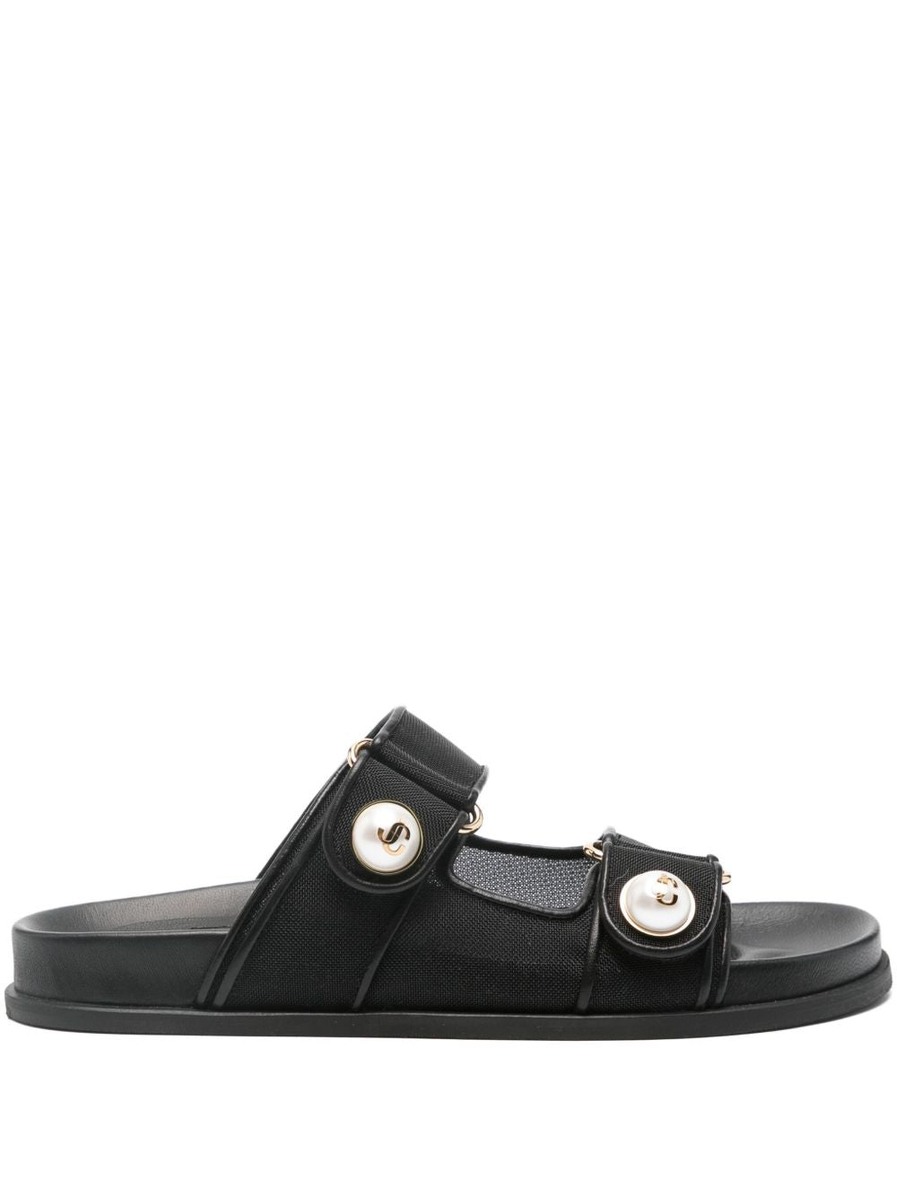 JIMMY CHOO Fayence Patent Leather Sandals with Double Straps and Pearl Embellishments