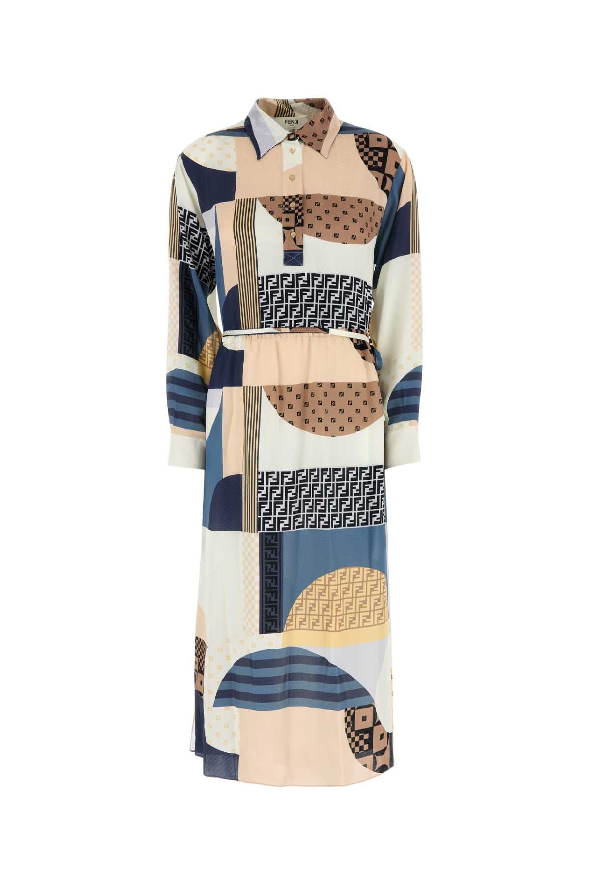 FENDI Patchwork Print Silk Midi Shirt Dress