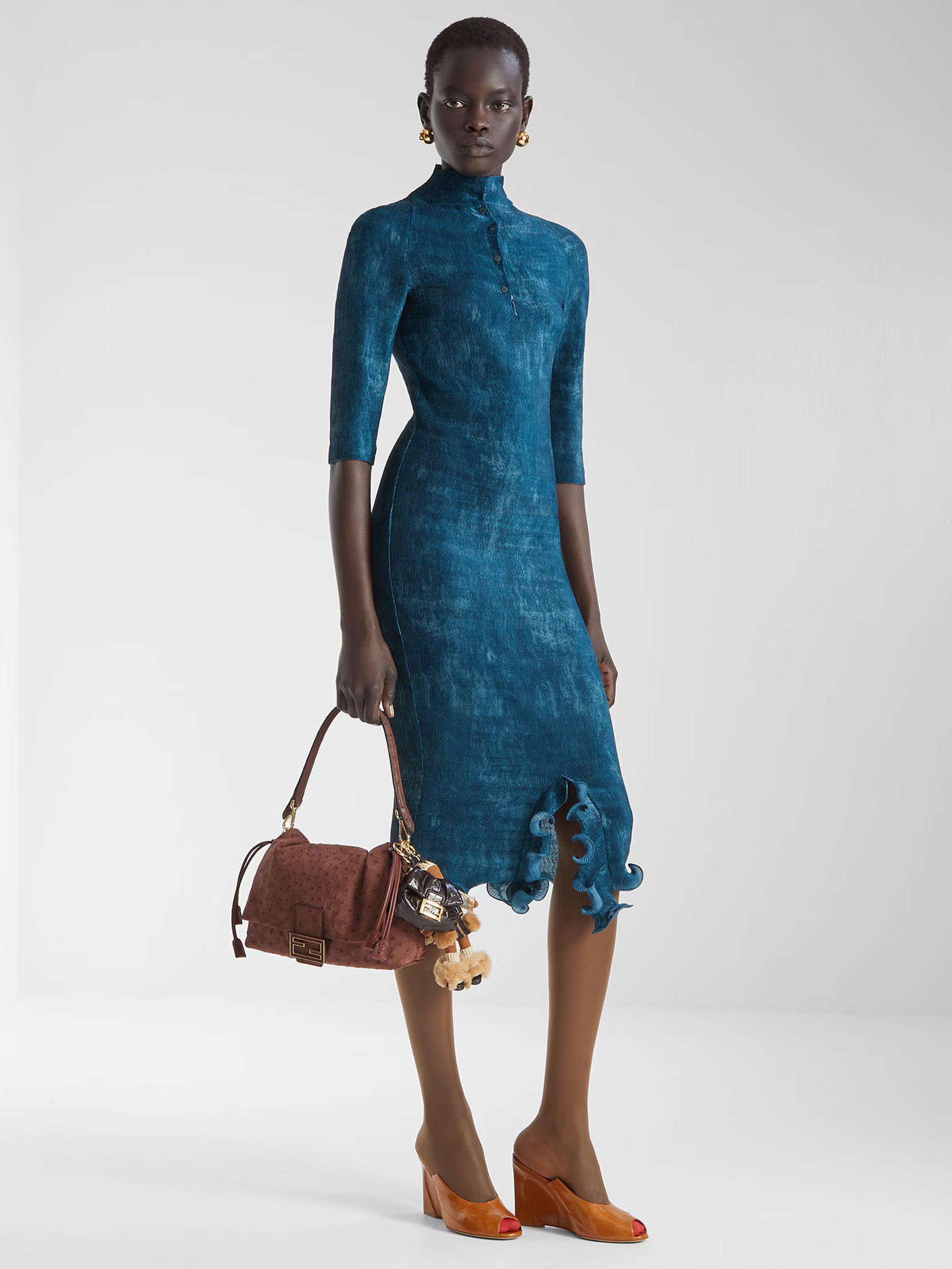 FENDI Pleated Mini Dress with High Neck and 3/4 Sleeves (Size 40)