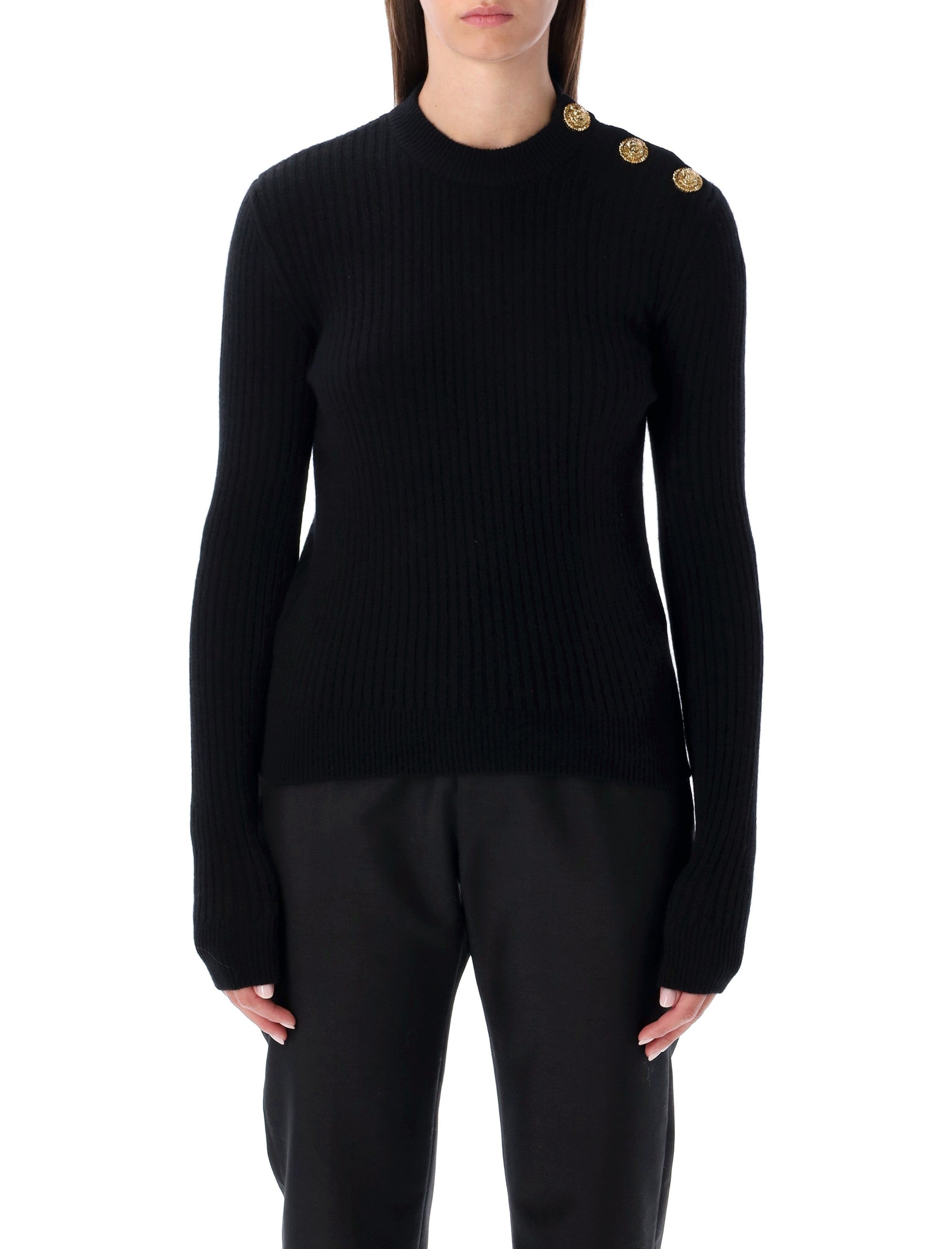 BALMAIN Ribbed Wool Sweater with Gold Buttons - Slim Fit