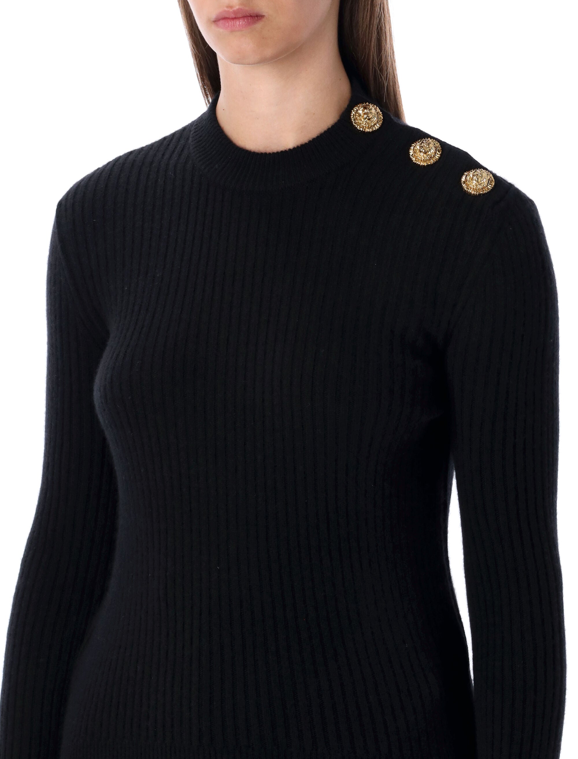 BALMAIN Ribbed Wool Sweater with Gold Buttons - Slim Fit