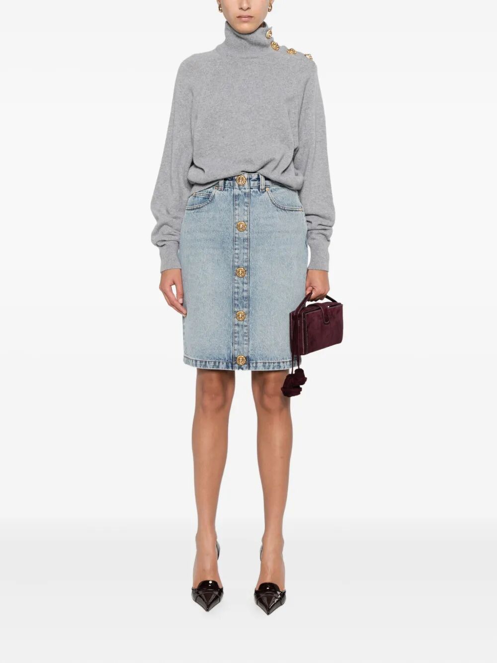 BALMAIN High-Collar Button-Detail Sweater