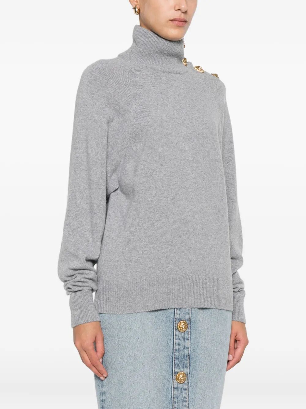 BALMAIN High-Neck Wool Sweater with Gold Buttons - Size 36