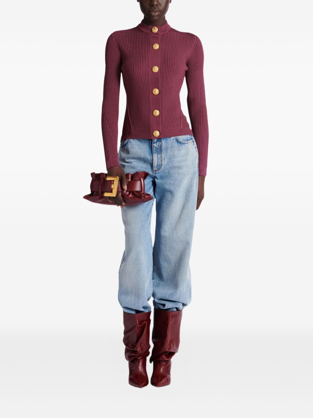 BALMAIN Ribbed Knit Long Sleeve Mock Neck Cardigan