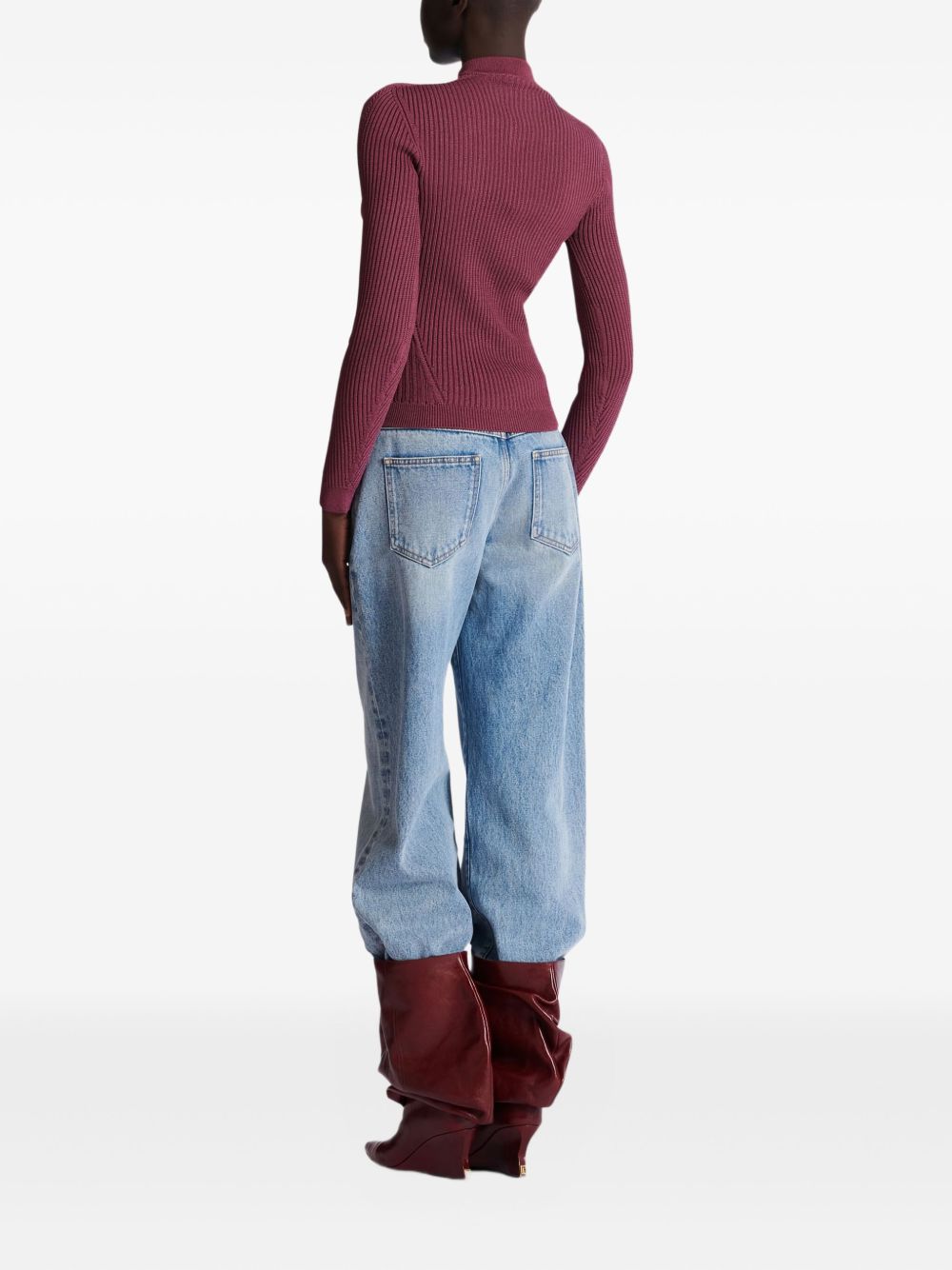 BALMAIN Ribbed Knit Long Sleeve Mock Neck Cardigan