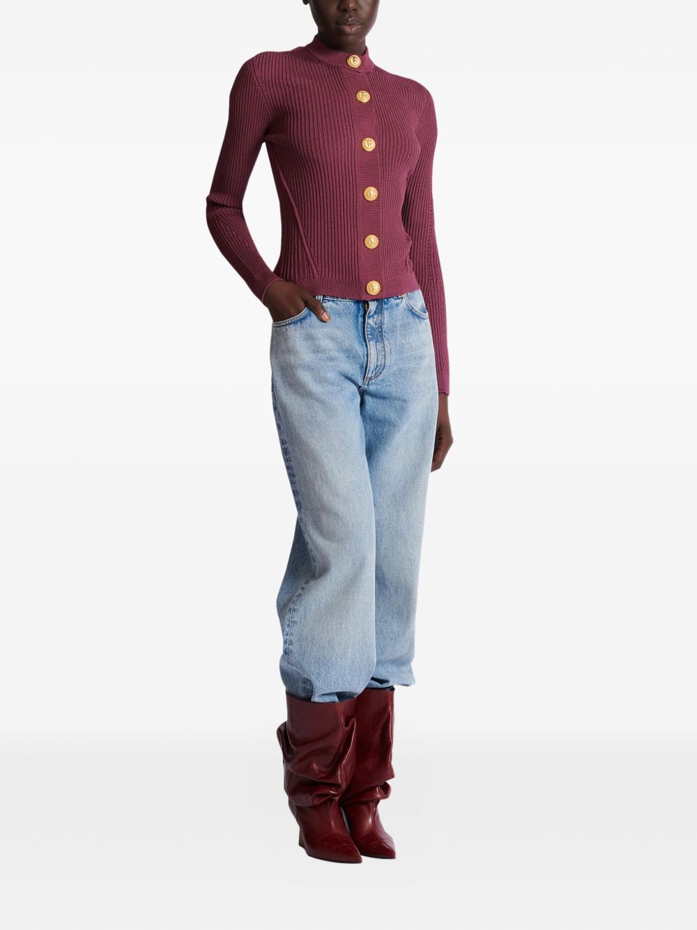 BALMAIN Ribbed Knit Long Sleeve Mock Neck Cardigan