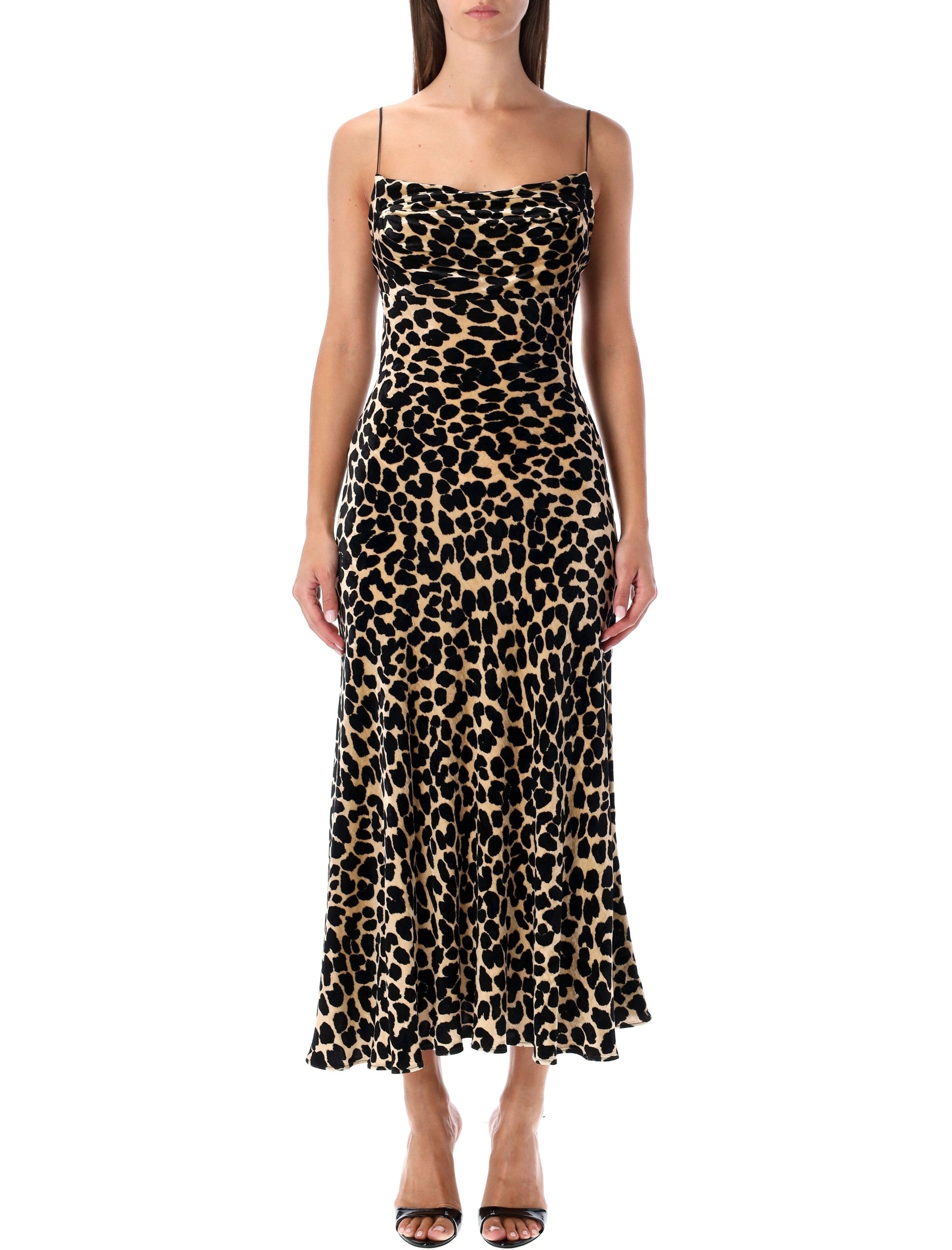 BALMAIN Leopard-Print Velvet Midi Dress with Thin Straps - Size 36