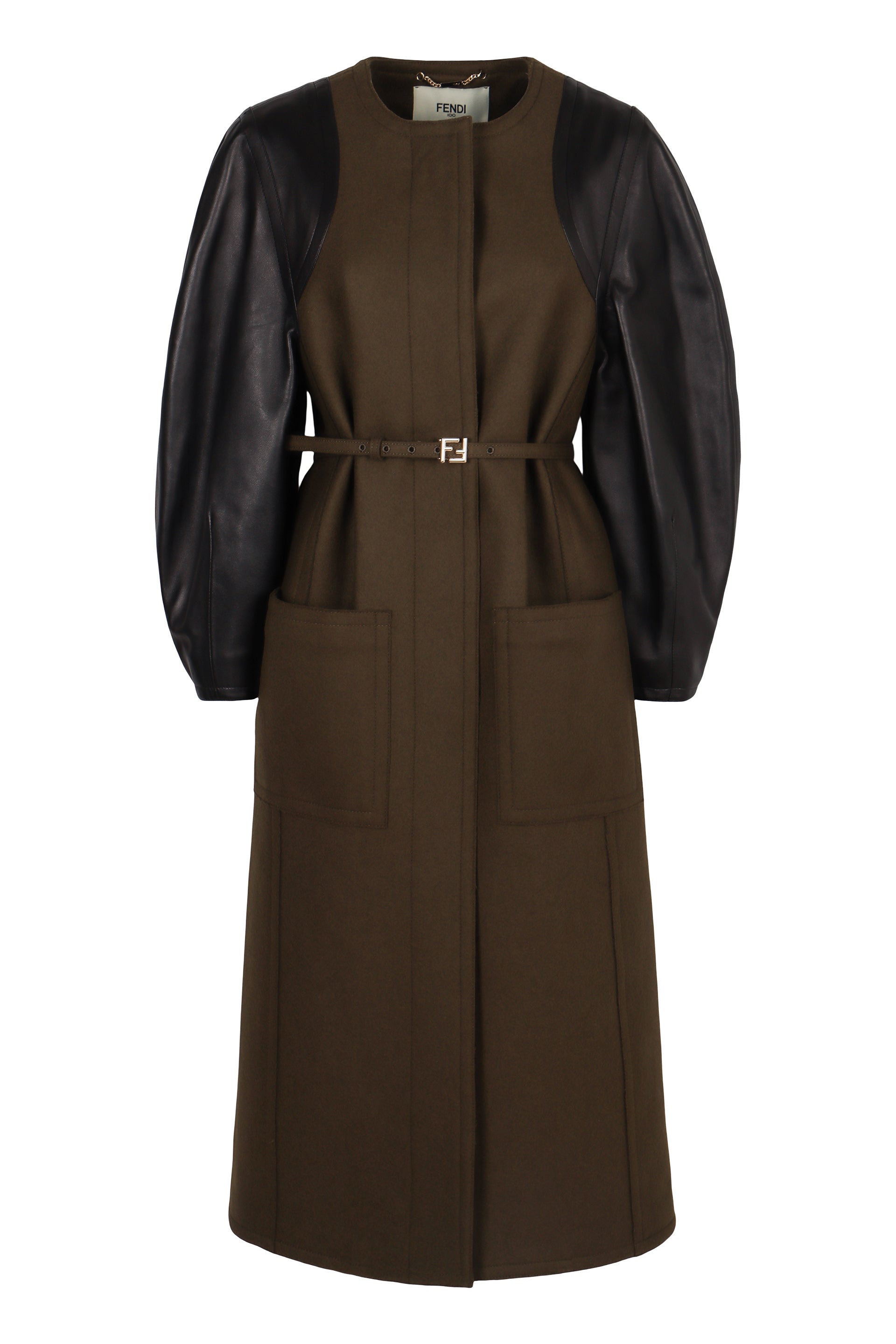 FENDI Sophisticated Wool Midi Jacket with Leather Sleeves