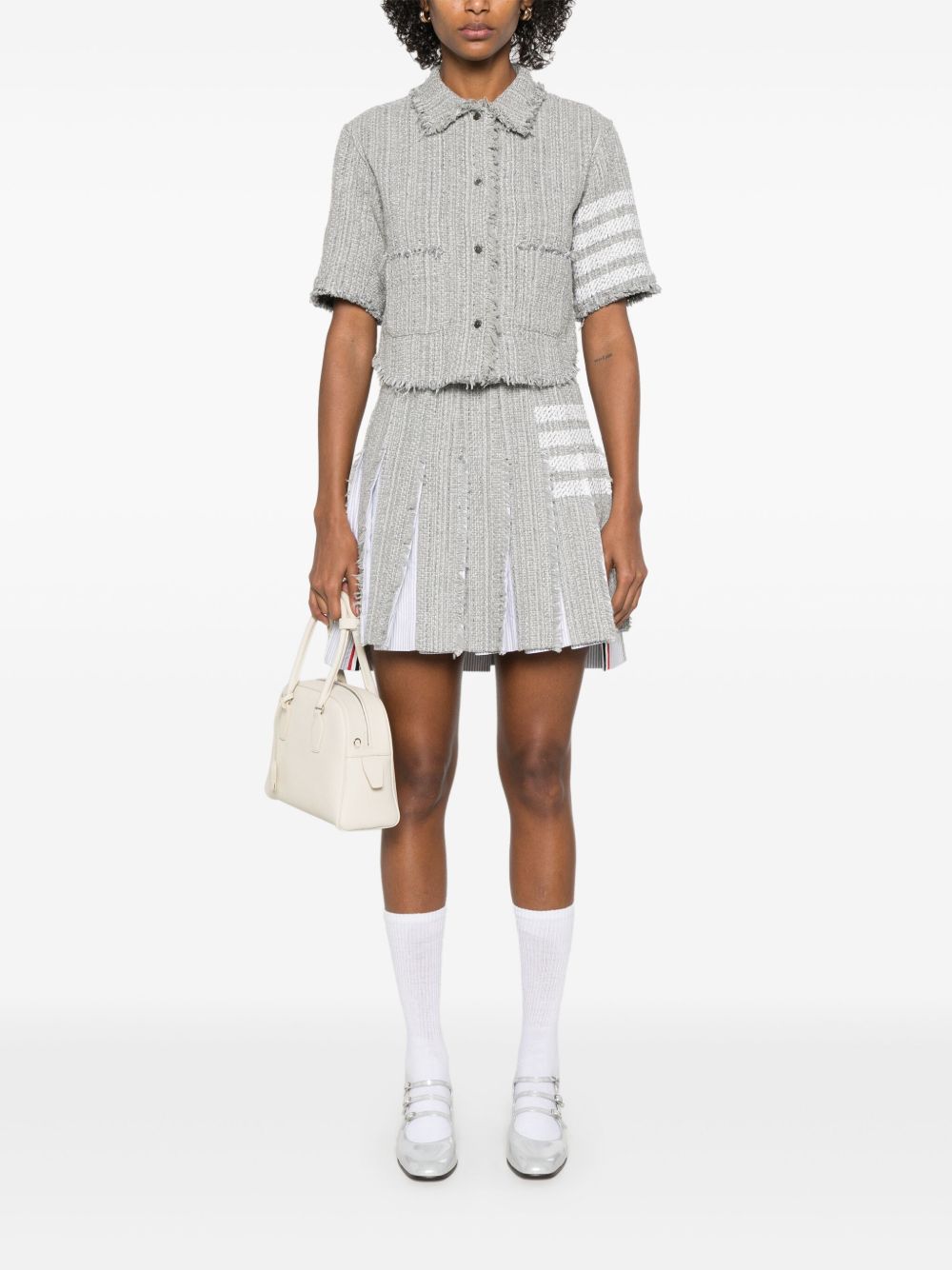 THOM BROWNE Cotton Blend Skirt with Frayed Edge and Side Buttons
