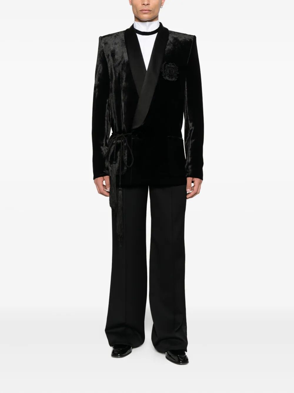 BALMAIN Velvet & Satin Side Belted Jacket with Tassel