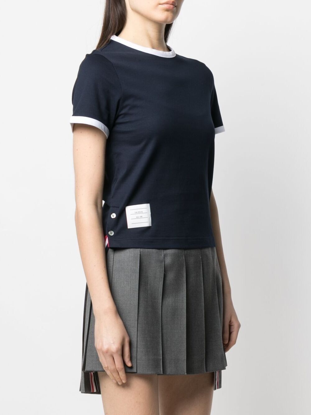 THOM BROWNE Cotton T-Shirt with Signature Contrast Trim and Asymmetric Hem