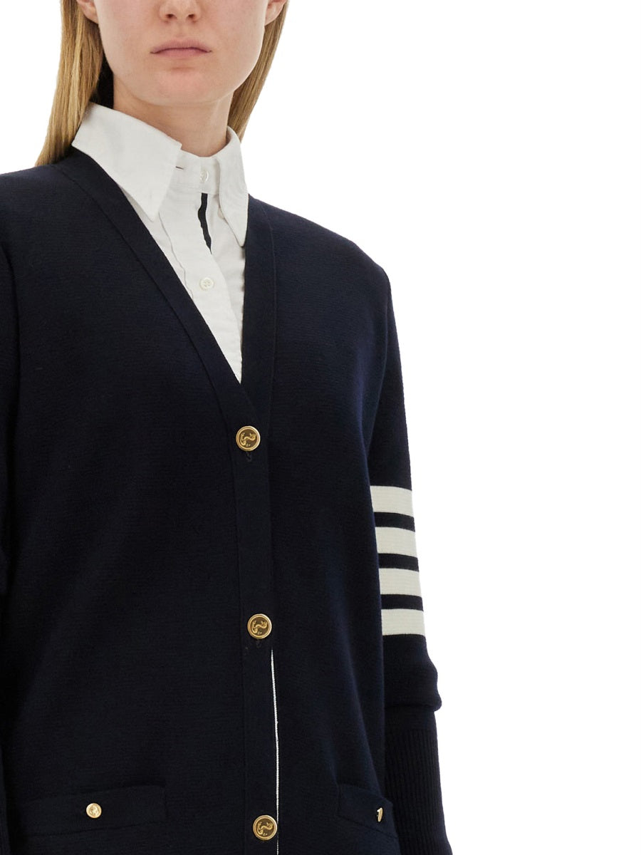 THOM BROWNE Long Cardigan with 4-Bar Design in Size 40
