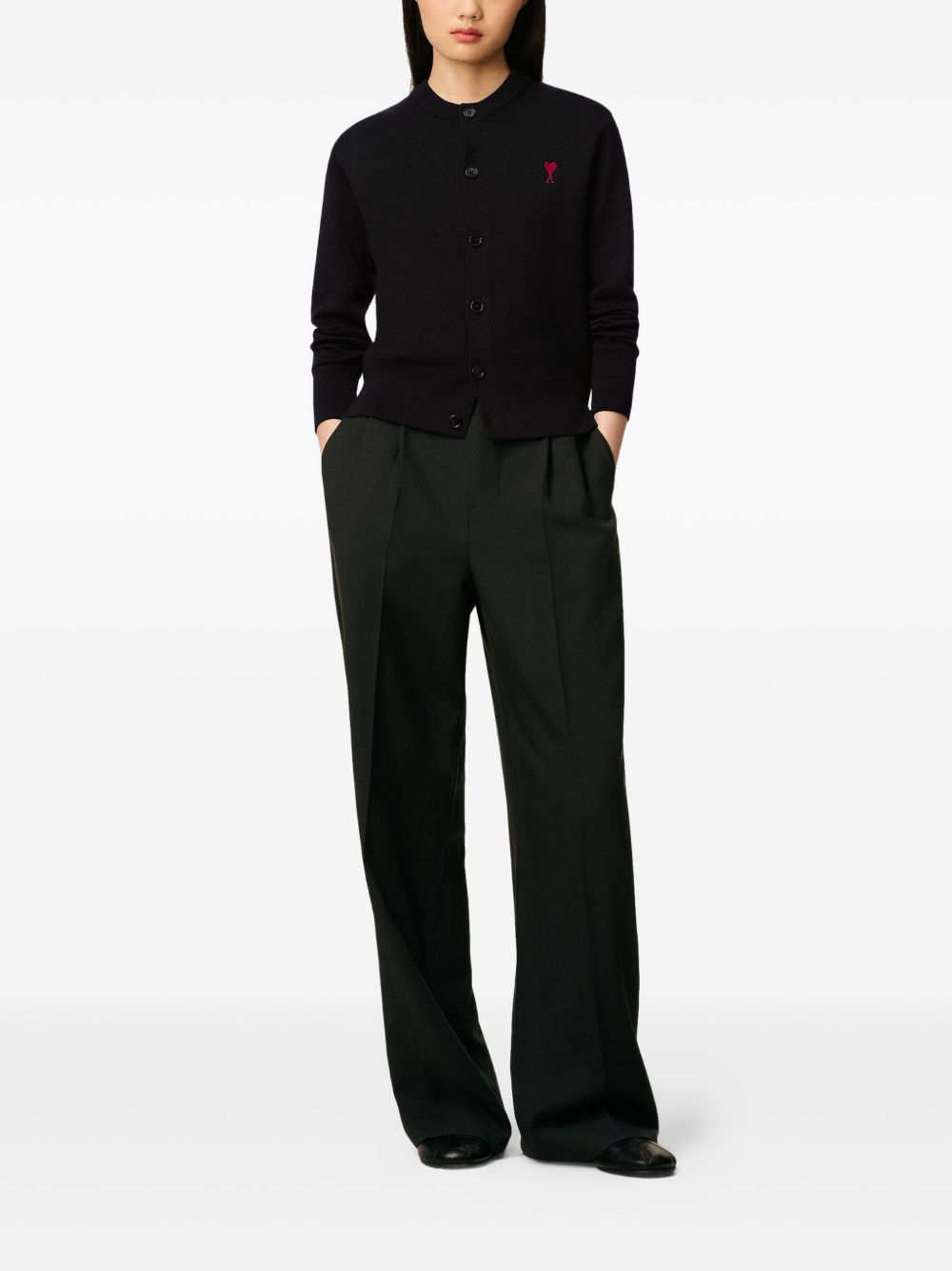 AMI PARIS Round Collar Cardigan with Heart Accent - Women's