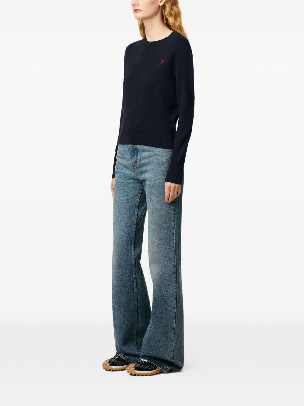 AMI PARIS Heart Embroidered Wool Knit Crew Neck Sweater