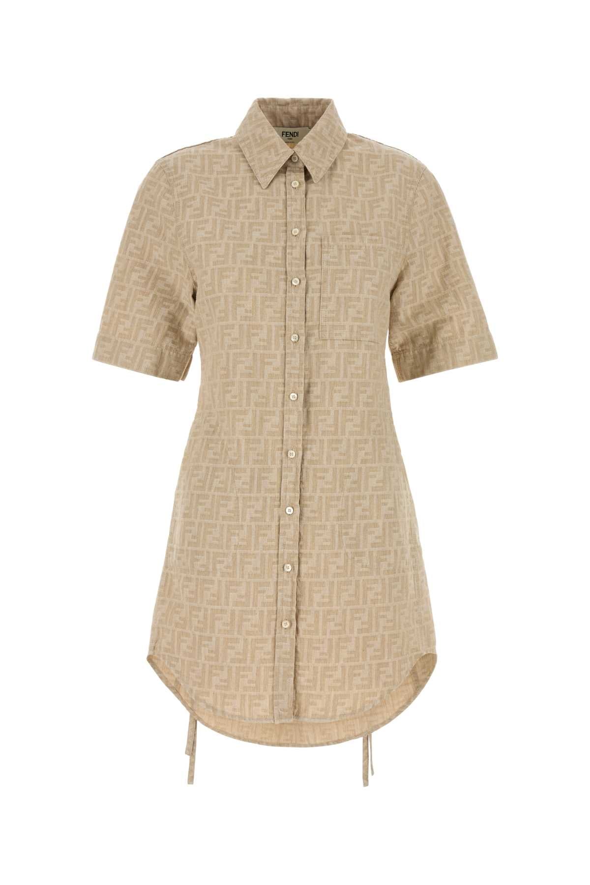 FENDI Cotton Linen Dress with Belted Waist and All-Over Logo Pattern